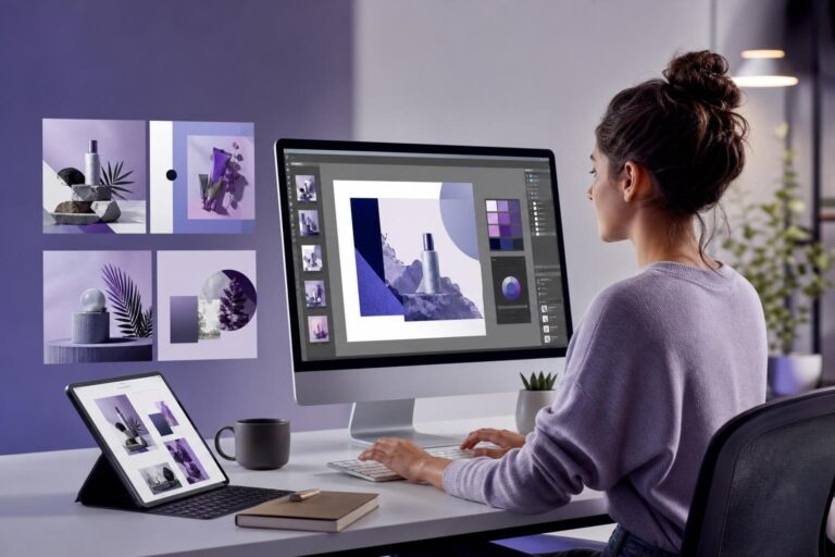 Small-business workspace with a layered social media graphic open in an AI image editor