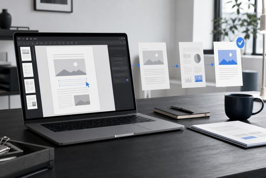 Modern laptop workspace showing a clean browser-based PDF editing workflow