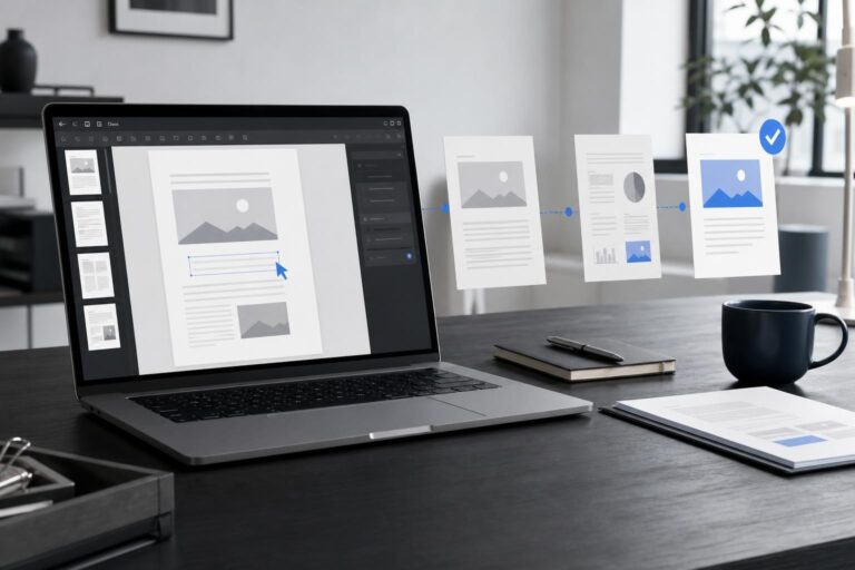 Modern laptop workspace showing a clean browser-based PDF editing workflow