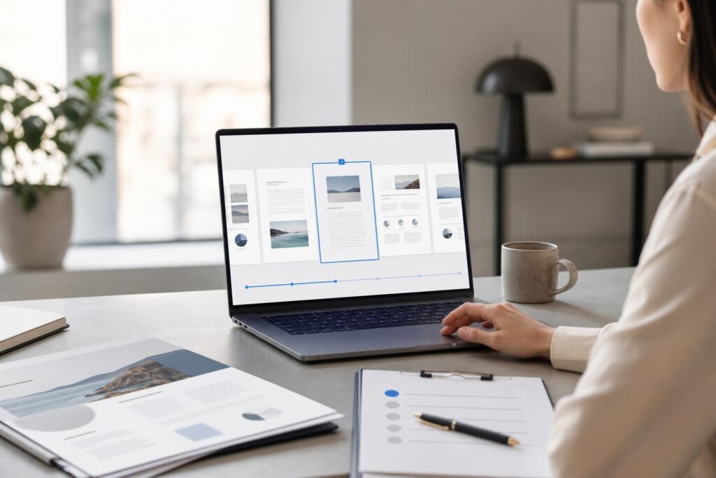 Business workspace showing a client-facing PDF being updated on a laptop
