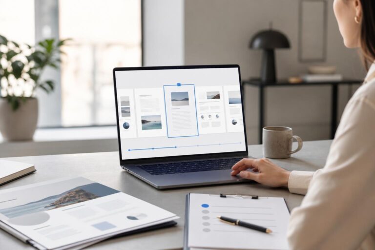 Business workspace showing a client-facing PDF being updated on a laptop