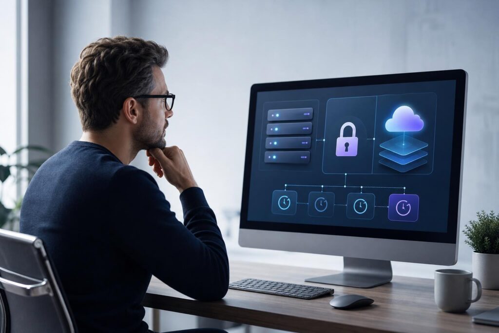 Business owner comparing website hosting features represented by SSL and cloud backup symbols