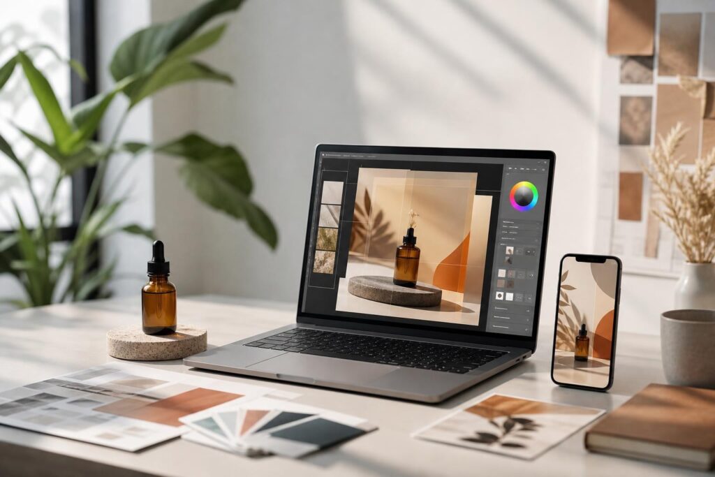 Modern workspace for creating product and service visuals without a professional photo shoot