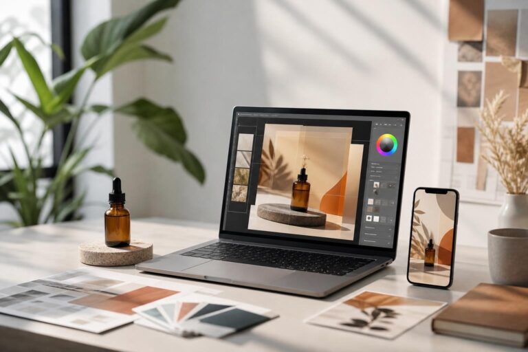 Modern workspace for creating product and service visuals without a professional photo shoot