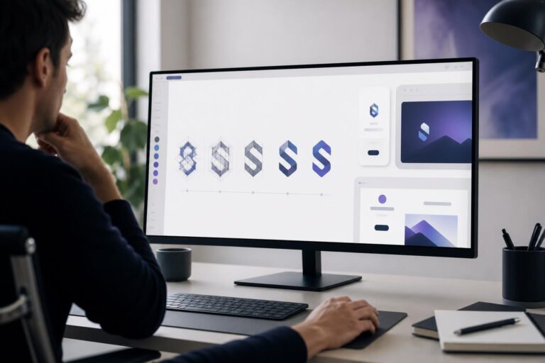 Modern workspace comparing simple and detailed logo concepts across desktop and mobile layouts