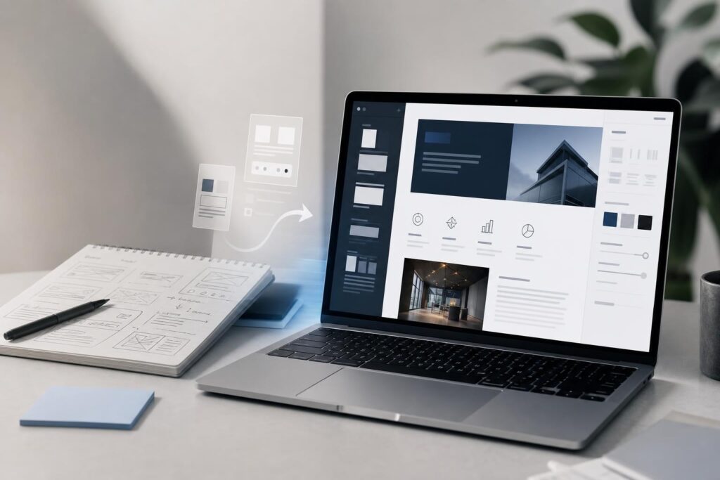 Organized client proposal displayed on a laptop beside rough business notes